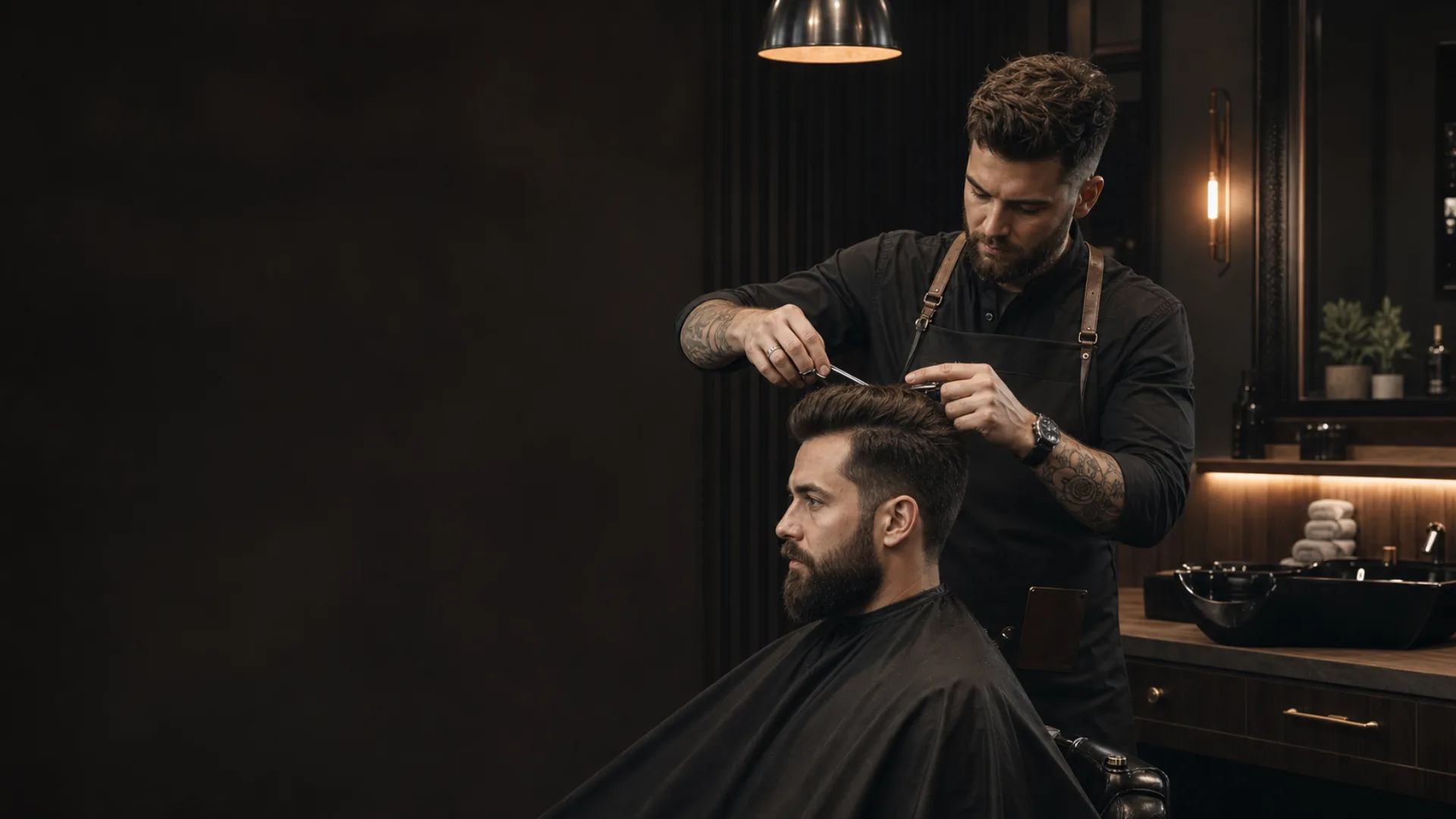 Barbier professionnel réalisant une coupe homme dans un salon élégant